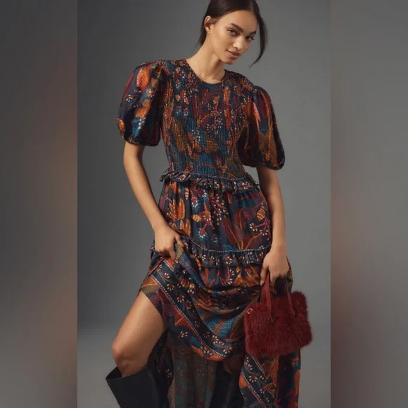 Farm Rio Short-Sleeve Crew-Neck Tiered A-Line Maxi Dress floral leaf pattern S - Picture 2 of 16